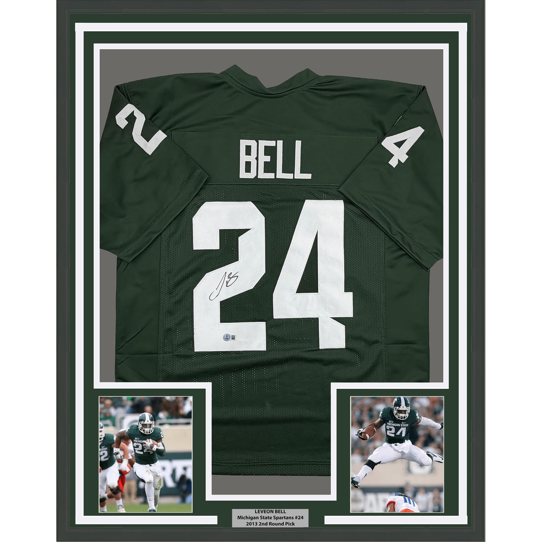 Michigan State Spartans framed signed Le'Veon Bell jersey BAS 35x39: Michigan State Spartans framed signed Le'Veon Bell jersey BAS 35x39 Professionally framed autographed Michigan State Spartans green jersey signed by Le'Veon Bell. This original football display is mat