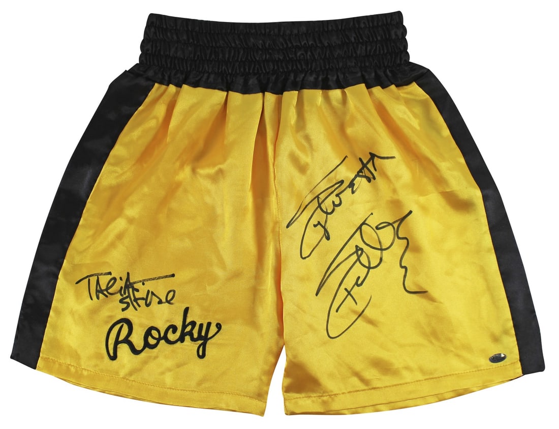 Yellow Rocky Boxing Shorts Signed by Sylvester Stallone and Talia Shire Beckett COA (1 of 10)