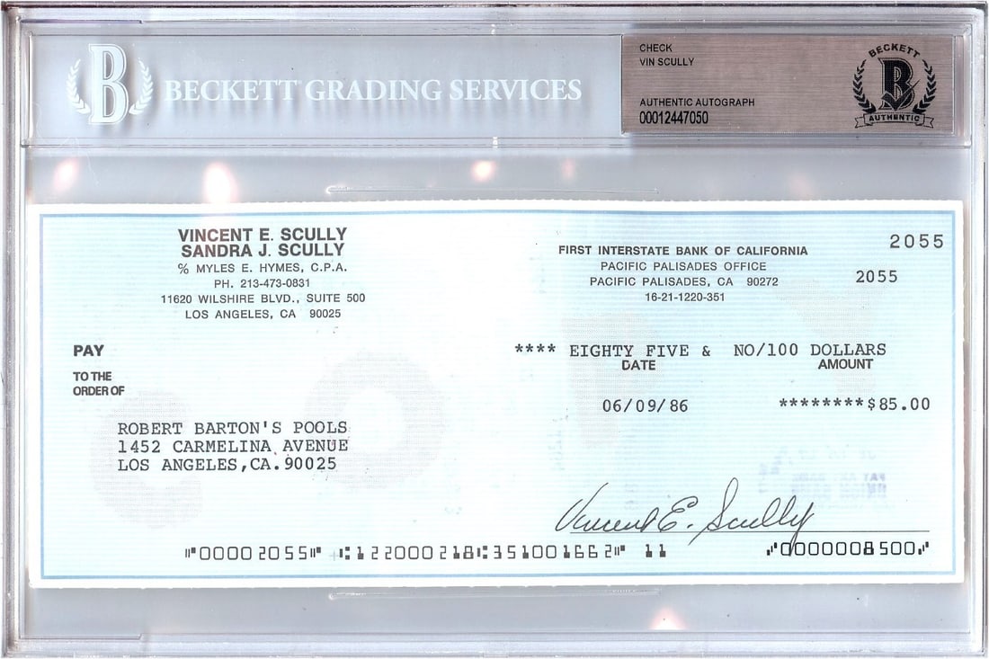 Vin Scully Autographed Personal Check LA Dodgers Beckett Authenticated: Vin Scully Autographed Personal Check LA Dodgers Beckett Authenticated This Vin Scully signed personal check is a remarkable collectible for any Los Angeles Dodgers fan. Authenticated by Beckett Authe