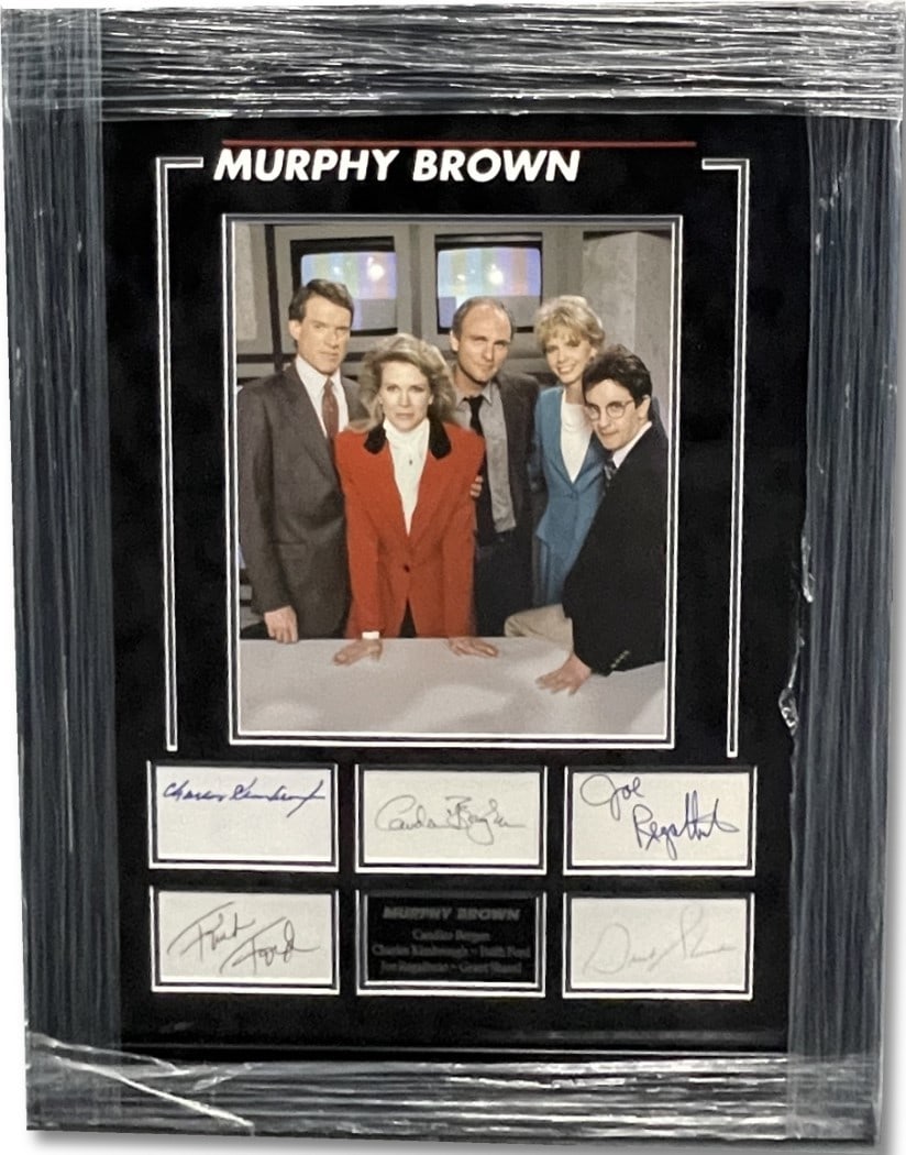 JSA authenticated framed Murphy Brown cast cuts 22x27: JSA authenticated framed Murphy Brown cast cuts 22x27 This framed display features original cut signatures from the cast of Murphy Brown, including Candice Bergen, Charles Kimbrough, Faith Ford, Joe R