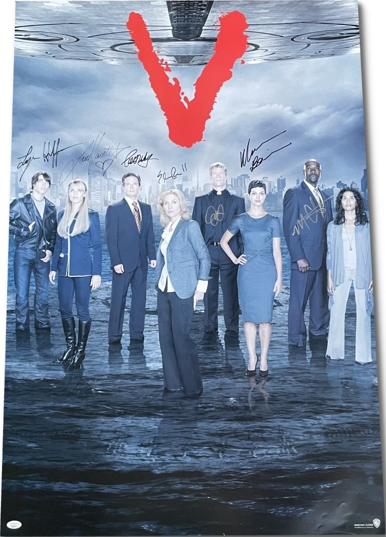 Autographed 27x40 V Cast Poster Signed by 7 with JSA Certification: Autographed 27x40 V Cast Poster Signed by 7 with JSA Certification This is a 27x40 original Warner Bros. poster from the series 'V', featuring autographs from cast members Elizabeth Mitchell, Laura Va