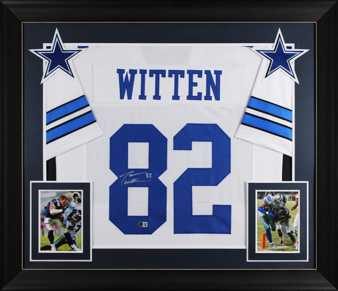 Jason Witten Signed Dallas Cowboys Framed White Jersey Beckett Witnessed COA: Jason Witten Signed Dallas Cowboys Framed White Jersey Beckett Witnessed COA This framed white pro style jersey has been personally signed by Jason Witten of the Dallas Cowboys. It is an original, cus
