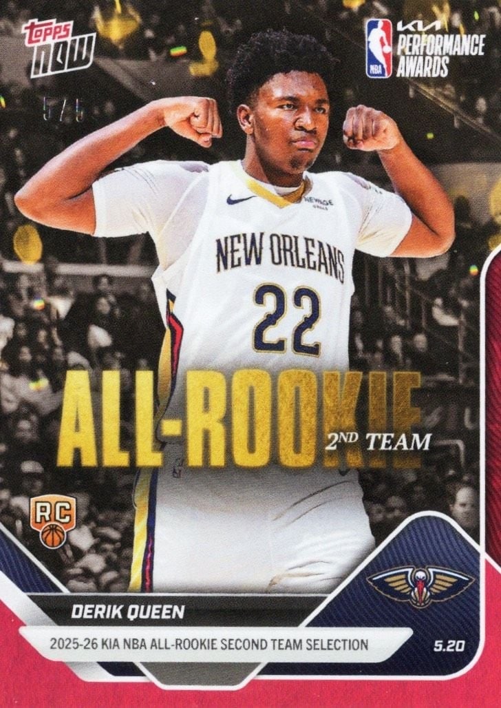 Derik Queen AR08 2025 Topps Now Red Foil Rookie Card /5: Derik Queen AR08 2025 Topps Now Red Foil Rookie Card /5 2025 Topps Now Derik Queen #AR08 Red Foil /5 rookie basketball card. This pre-owned sports trading card features the Red Foil parallel from the 
