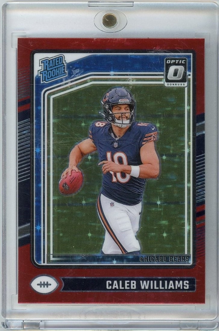 Caleb Williams 2024 Donruss Optic #201 Red Stars Rookie Card: Caleb Williams 2024 Donruss Optic #201 Red Stars Rookie Card 2024 Panini Donruss Optic Caleb Williams #201 Red Stars rookie football card featuring Caleb Williams of the Chicago Bears. This pre-owned 