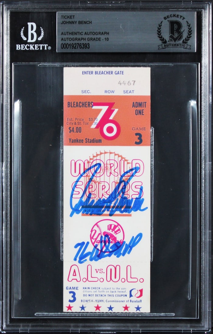 Johnny Bench Signed 1976 World Series Game 3 Ticket Stub Gem Mint 10 Beckett: Johnny Bench Signed 1976 World Series Game 3 Ticket Stub Gem Mint 10 Beckett This is an original 1976 World Series Game 3 ticket stub, personally signed by Johnny Bench of the Cincinnati Reds with the