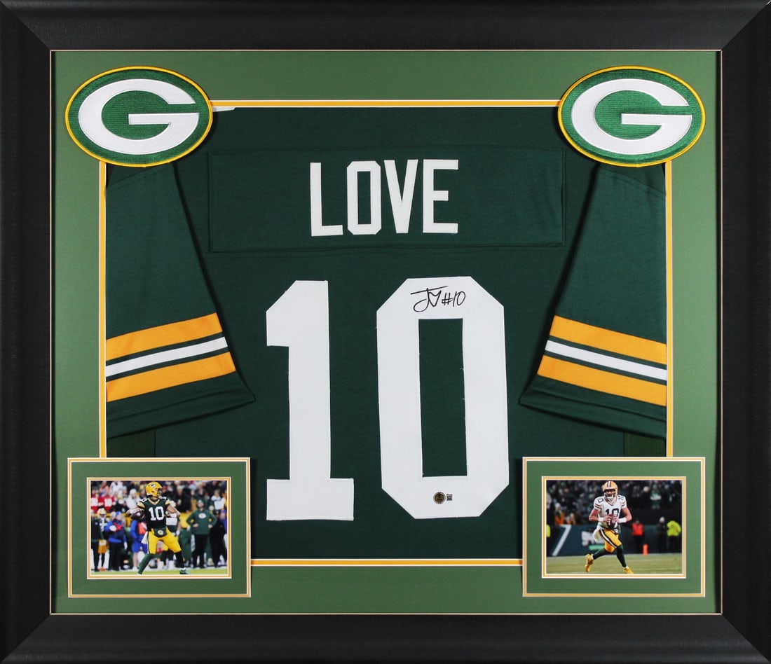 Framed Green Pro Style Jersey Signed by Jordan Love BAS Witnessed: Framed Green Pro Style Jersey Signed by Jordan Love BAS Witnessed This framed Green Pro Style jersey has been personally signed by Jordan Love of the Green Bay Packers. The autograph was witnessed by 