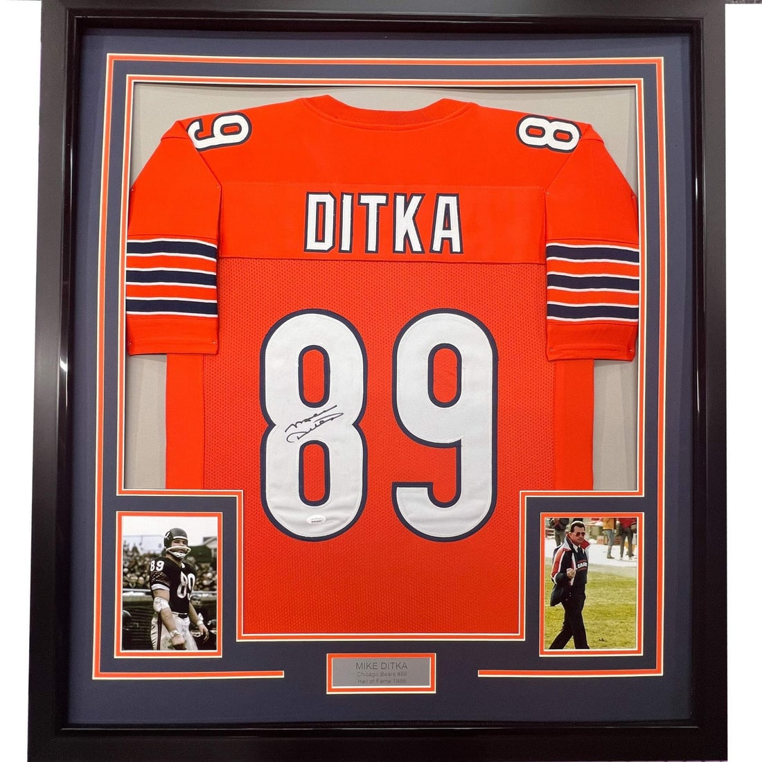 Mike Ditka Signed Chicago Orange Jersey 33x42 Framed JSA Authenticated: Mike Ditka Signed Chicago Orange Jersey 33x42 Framed JSA Authenticated This professionally framed and matted Chicago Bears orange jersey is autographed by Mike Ditka and authenticated by James Spence 