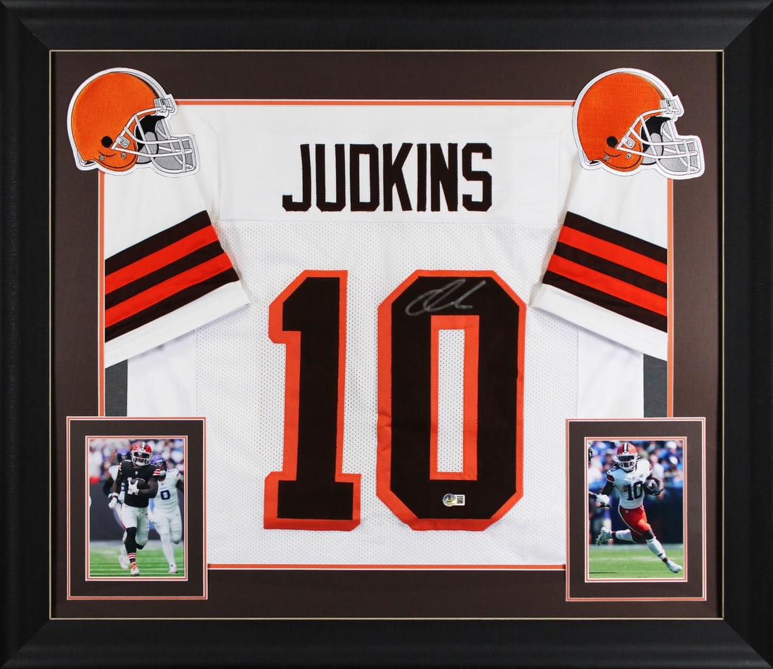 Framed White Pro Style Jersey Signed by Quinshon Judkins Beckett Witnessed: Framed White Pro Style Jersey Signed by Quinshon Judkins Beckett Witnessed This autographed white pro style framed jersey has been personally signed by Quinshon Judkins of the Cleveland Browns. It is 