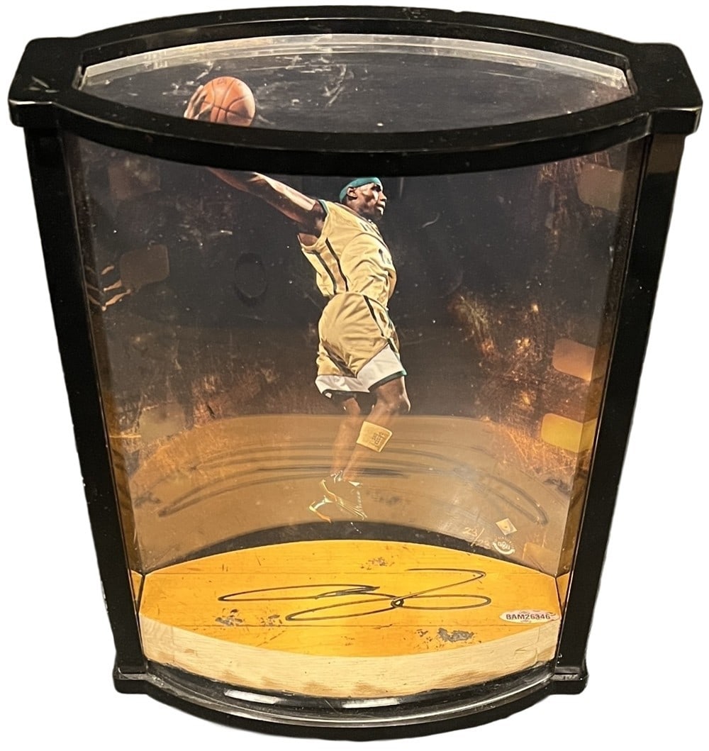 UDA authenticated LeBron James signed St. Vincent St. Mary floor display (1 of 8)