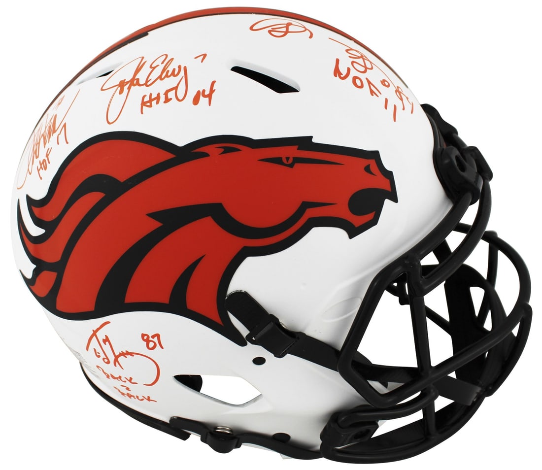 Denver Broncos Signed Full-Size Lunar Helmet by Elway Sharpe Davis McCaffrey BAS: Denver Broncos Signed Full-Size Lunar Helmet by Elway Sharpe Davis McCaffrey BAS This autographed full-size Denver Broncos Lunar Riddell Authentic Speed Proline Helmet features the signatures of four 