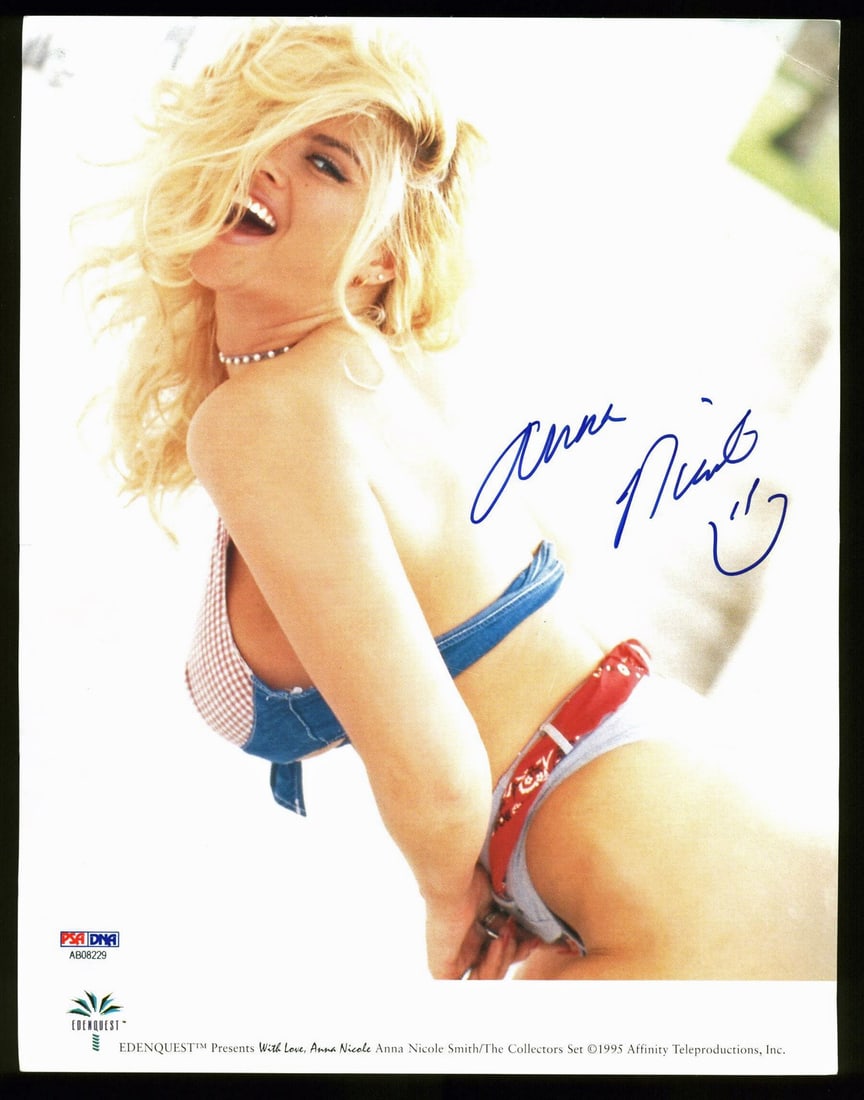 Anna Nicole Smith PSA DNA Signed Edenquest Photo 8.5x11: Anna Nicole Smith PSA DNA Signed Edenquest Photo 8.5x11 This 8.5x11 Edenquest photo features an authentic autograph by Anna Nicole Smith. The signature has been personally signed and comes with a Cert