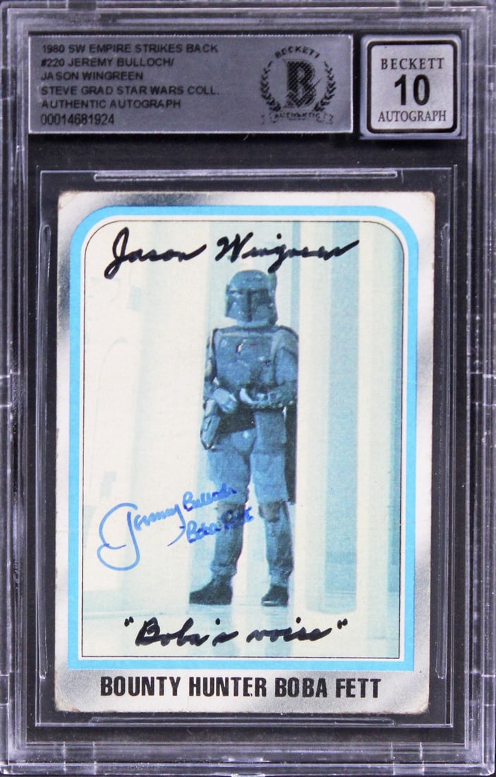 Star Wars 1980 ESB #220 dual signed BAS slabbed card: Star Wars 1980 ESB #220 dual signed BAS slabbed card This is an original 1980 Star Wars: The Empire Strikes Back #220 trading card, personally signed by Jeremy Bulloch and Jason Wingreen. The card fea