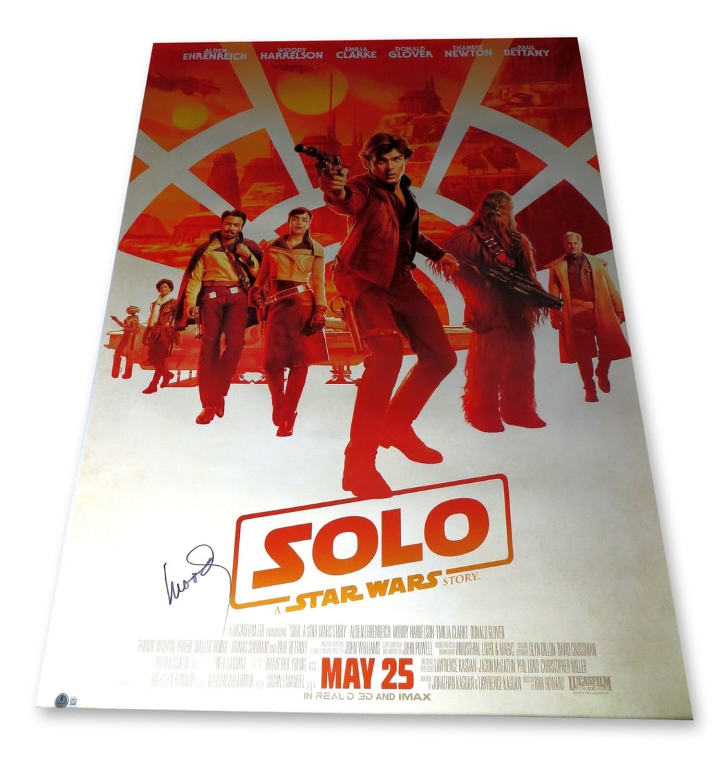 Woody Harrelson Signed 27x40 Star Wars Movie Poster Beckett Authenticated: Woody Harrelson Signed 27x40 Star Wars Movie Poster Beckett Authenticated This is an original 27x40 movie poster autographed by Woody Harrelson, known for his role in Solo: A Star Wars Story. The post