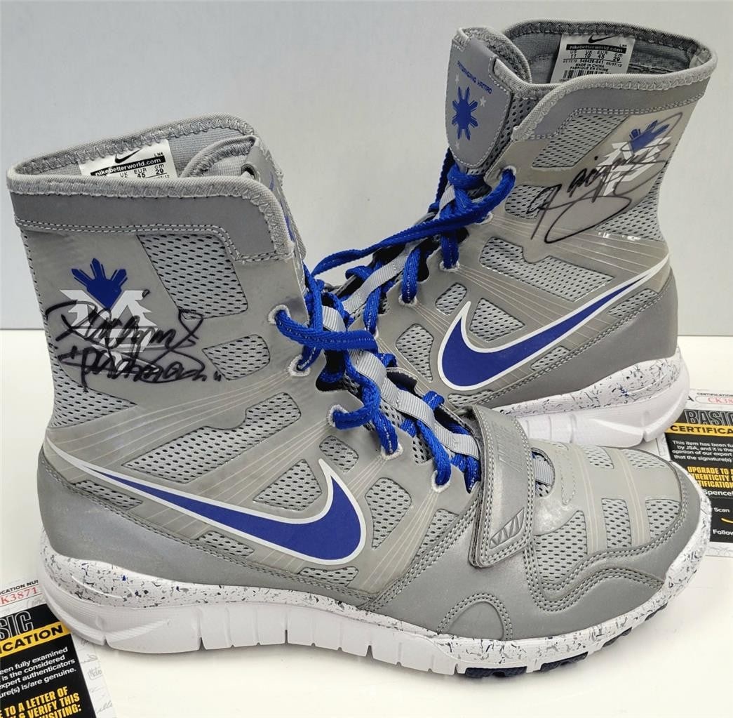 Pair of Nike Free HyperKO Shield Shoes Autographed by Manny Pacquiao JSA Authenticated: Pair of Nike Free HyperKO Shield Shoes Autographed by Manny Pacquiao JSA Authenticated This is a pair of Nike Free HyperKO Shield shoes, each signed by Manny Pacquiao. The autographs are authenticated