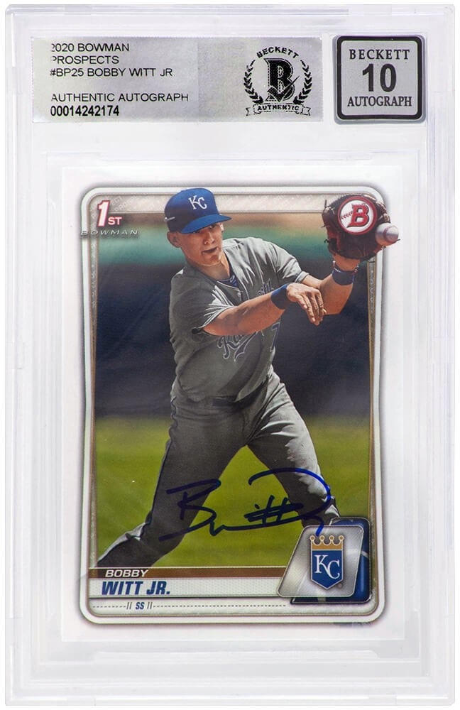 Bobby Witt Jr. Signed 2020 Royals 1st Bowman RC Card #BP-25 Beckett Mint 10: Bobby Witt Jr. Signed 2020 Royals 1st Bowman RC Card #BP-25 Beckett Mint 10 This item features a signed Bobby Witt Jr. Kansas City Royals 2020 1st Bowman rookie baseball trading card #BP-25. The card 