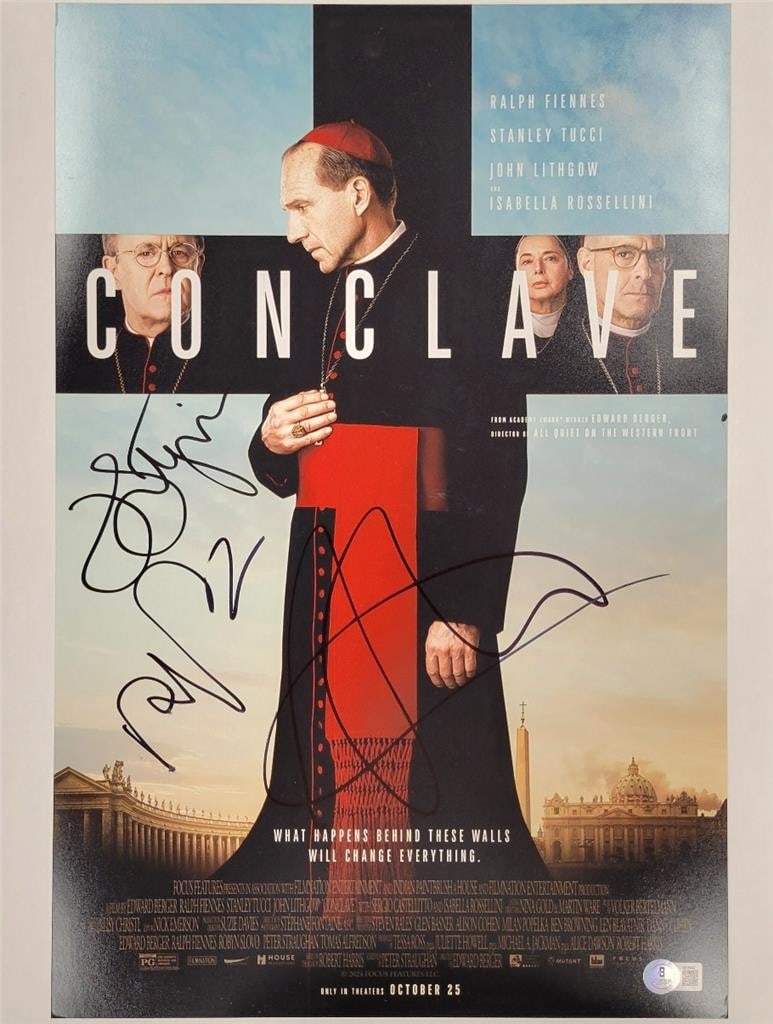 12x18 Conclave Photo Poster Signed by Fiennes Tucci Lithgow Beckett Authenticated: 12x18 Conclave Photo Poster Signed by Fiennes Tucci Lithgow Beckett Authenticated This original 12x18 inch photo poster features signatures from three cast members of Conclave: Ralph Fiennes, Stanley 