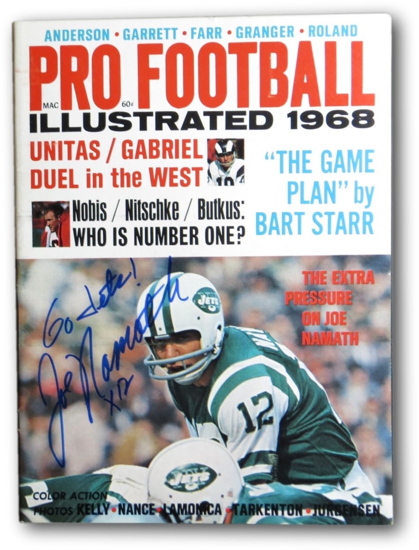 Joe Namath Autographed 1968 Football Illustrated Magazine JSA Authenticated Go Jets: Joe Namath Autographed 1968 Football Illustrated Magazine JSA Authenticated Go Jets This is an original 1968 Football Illustrated magazine featuring the iconic Joe Namath, a legendary player of the Ne