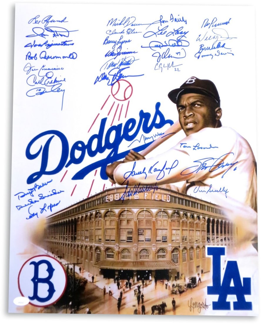 Dodgers Legends Autographed 16x20 Photo with 31 Signatures JSA: Dodgers Legends Autographed 16x20 Photo with 31 Signatures JSA Celebrate the legacy of the Los Angeles Dodgers with this signed 16X20 photo featuring baseball legends. This outstanding piece showcases