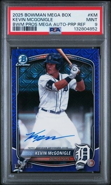 PSA 9 Kevin McGonigle Purple Refractor Auto RC 2025 Bowman Mega: PSA 9 Kevin McGonigle Purple Refractor Auto RC 2025 Bowman Mega This is a 2025 Bowman Mega Box Kevin McGonigle Purple Refractor Rookie Card, featuring an on-card autograph by Kevin McGonigle. The card