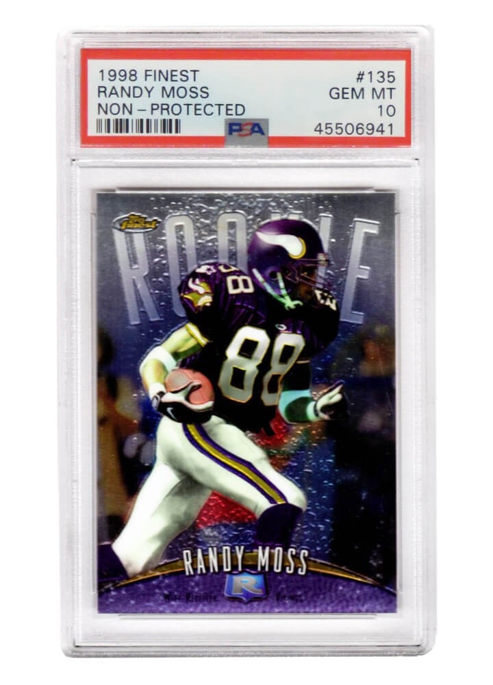 Randy Moss 1998 Topps Finest Football #135 Rookie Card PSA 10: Randy Moss 1998 Topps Finest Football #135 Rookie Card PSA 10 This listing features a 1998 Topps Finest Football #135 rookie card of Randy Moss, a legendary player of the Minnesota Vikings. This card 