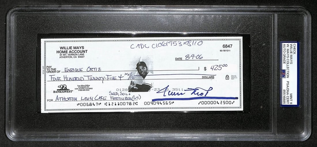 2003 Willie Mays autographed bank check PSA DNA Mint 9: 2003 Willie Mays autographed bank check PSA DNA Mint 9 Original 2003 bank check signed by Willie Mays with HOF notation. The autograph is authenticated by PSA/DNA, graded MINT 9, and encapsulated in a