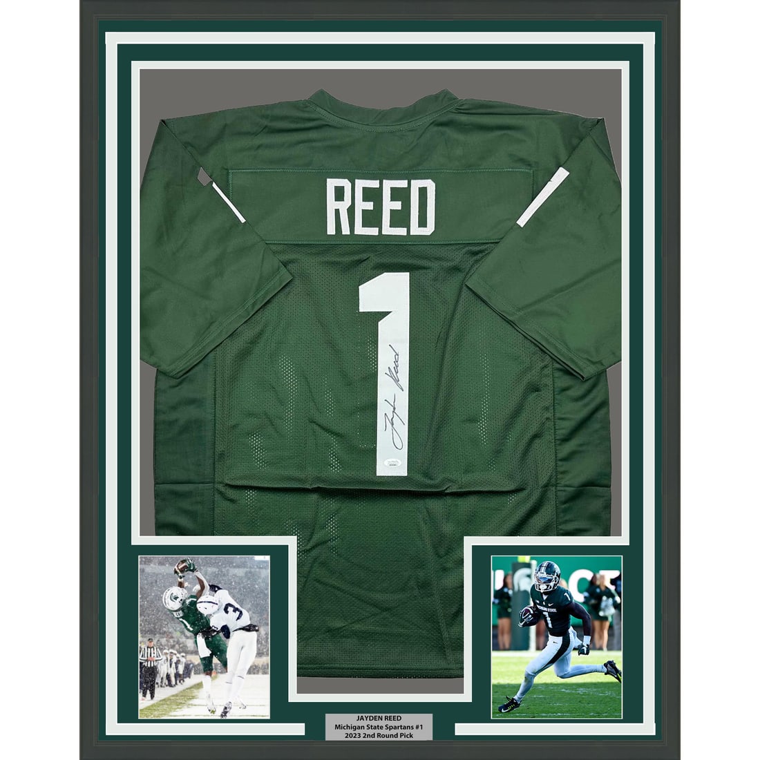 Jayden Reed Signed Michigan State Jersey Framed 35x39 With JSA Authentication: Jayden Reed Signed Michigan State Jersey Framed 35x39 With JSA Authentication This is a professionally framed and matted Michigan State Spartans green jersey autographed by Jayden Reed. The display in