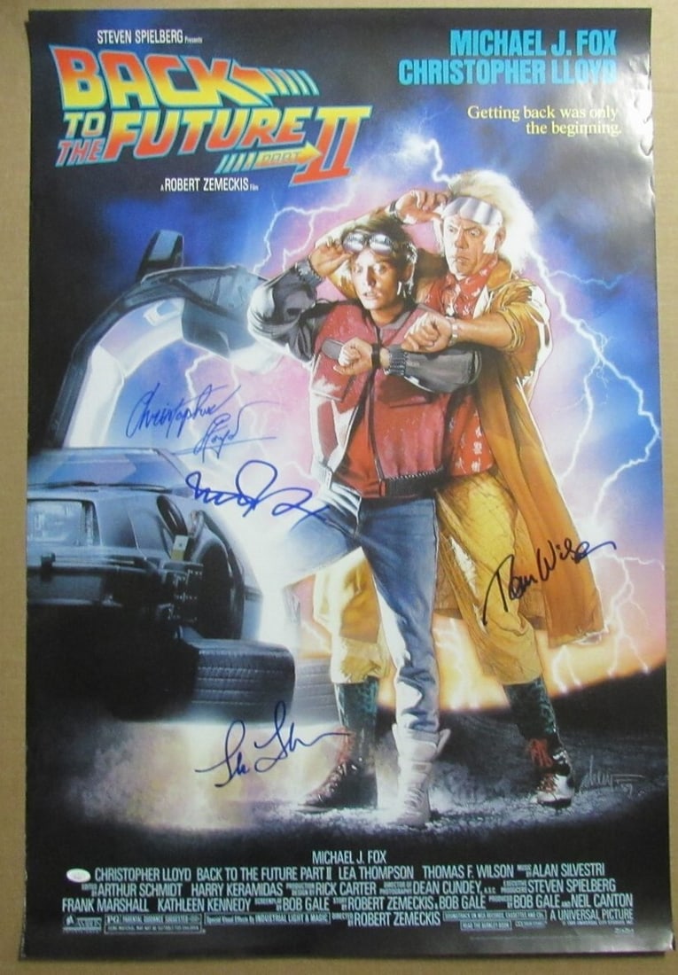 Back to the Future II Signed Movie Poster by 4 Actors JSA Authenticated 27x40: Back to the Future II Signed Movie Poster by 4 Actors JSA Authenticated 27x40 This is an original 27x40 movie poster for "Back to the Future II" featuring the autographs of four iconic actors: Michael