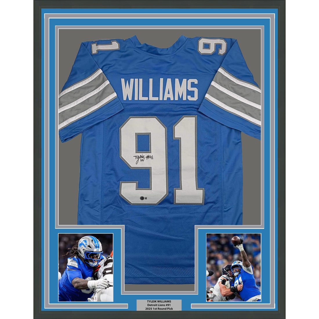 Tyleik Williams Detroit Lions Signed Jersey Display 35x39 With Beckett COA: Tyleik Williams Detroit Lions Signed Jersey Display 35x39 With Beckett COA This is a professionally framed and matted Detroit Lions blue jersey autographed by Tyleik Williams. The display includes two