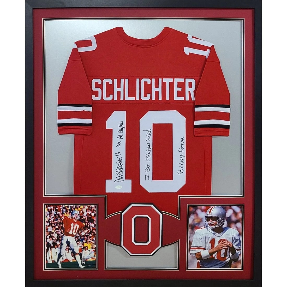 Framed Art Schlichter Ohio State Jersey JSA Autographed: Framed Art Schlichter Ohio State Jersey JSA Autographed This framed jersey features the autograph of Art Schlichter and is authenticated by JSA, accompanied by a tamper-proof sticker for verification.