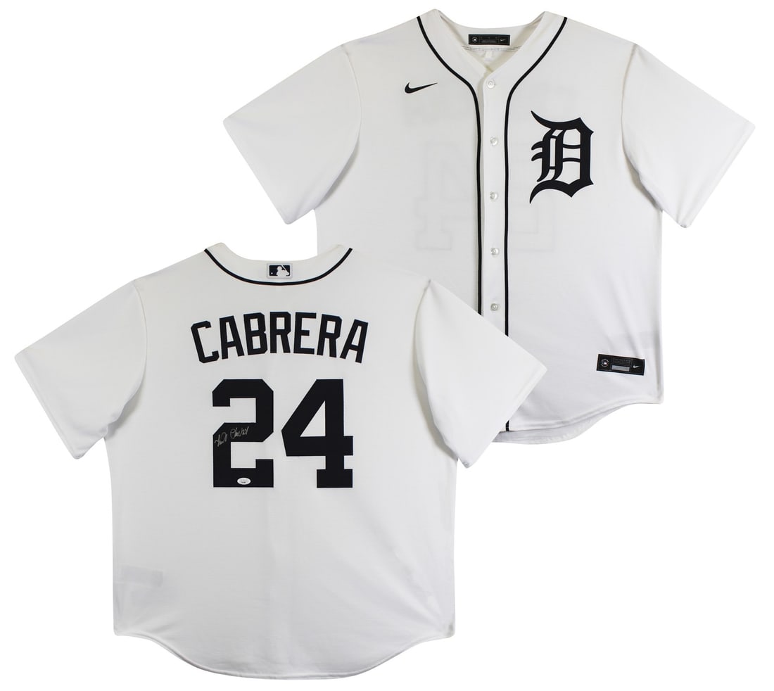 Miguel Cabrera Detroit Tigers Nike jersey JSA authenticated white XL: Miguel Cabrera Detroit Tigers Nike jersey JSA authenticated white XL This white Nike jersey has been personally signed by Miguel Cabrera of the Detroit Tigers. The autograph is authenticated by JSA an