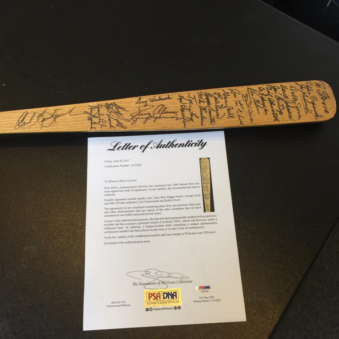 1968 Boston Red Sox Team Signed Game Used Bat PSA DNA Authenticated: 1968 Boston Red Sox Team Signed Game Used Bat PSA DNA Authenticated This remarkable 1968 Boston Red Sox team signed game used bat features 24 authentic signatures, including legendary player Carl Yast