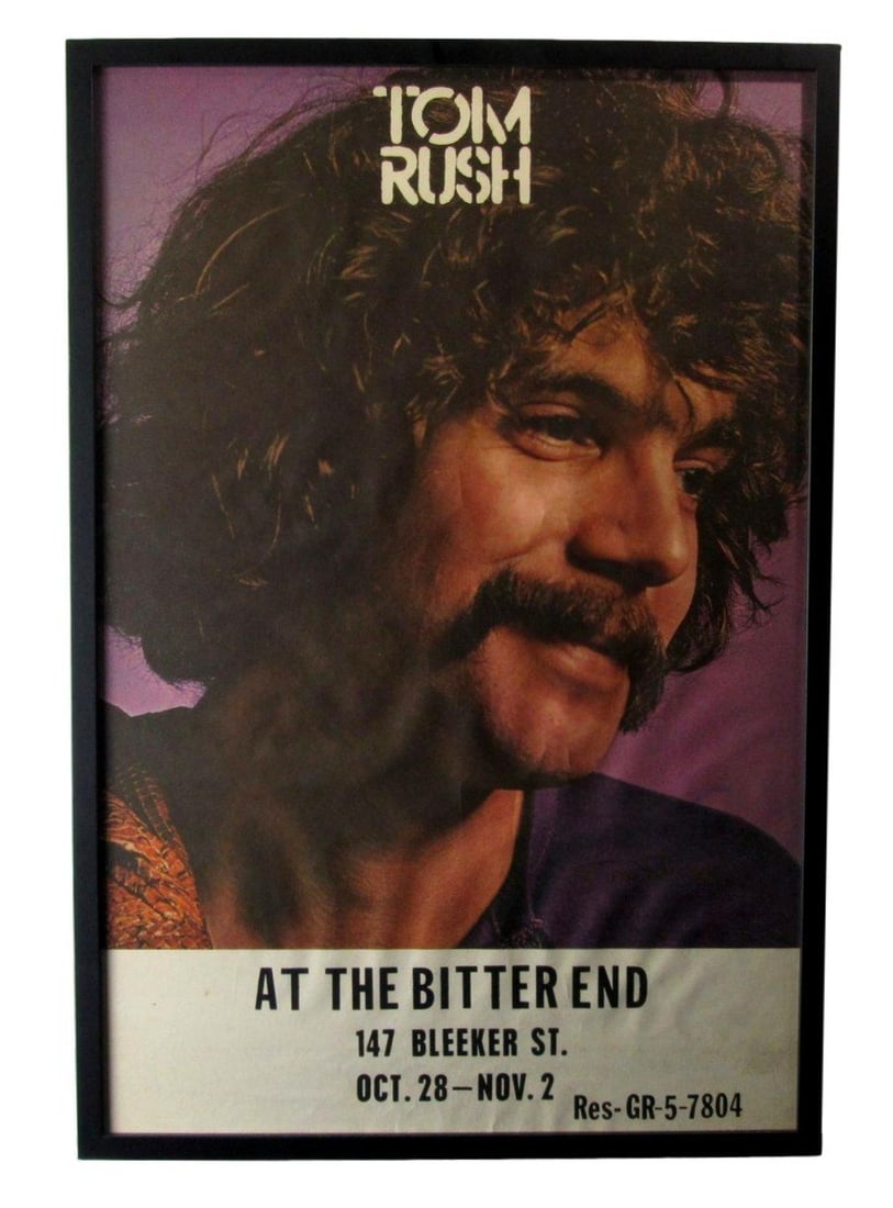 Framed 22x32 Poster Tom Rush Bitter End NYC Vintage Unsigned: Framed 22x32 Poster Tom Rush Bitter End NYC Vintage Unsigned This vintage poster features Tom Rush performing at the Bitter End in New York City, measuring 22x32 inches. It is framed, with the outer d