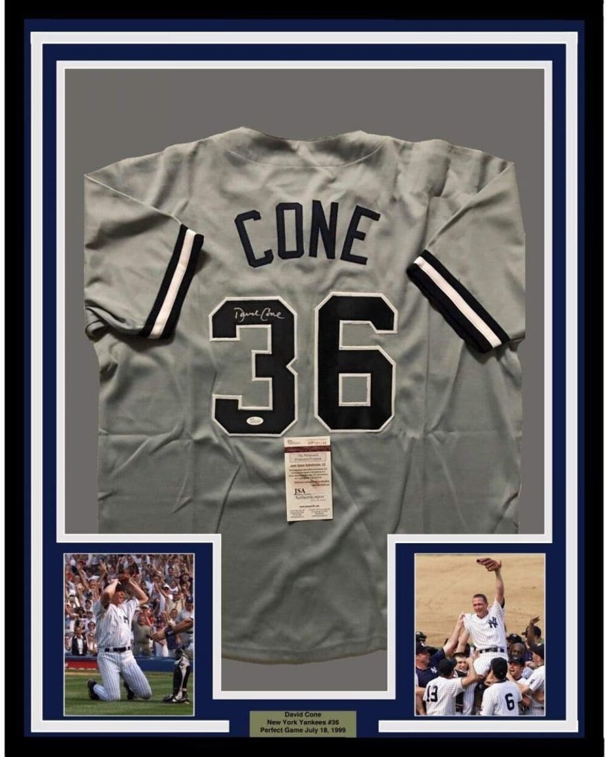 Framed David Cone Signed Grey Yankees Jersey JSA COA 33x42 with 2 Photos: Framed David Cone Signed Grey Yankees Jersey JSA COA 33x42 with 2 Photos This professionally framed and matted New York Yankees grey baseball jersey features the authentic autograph of David Cone. The