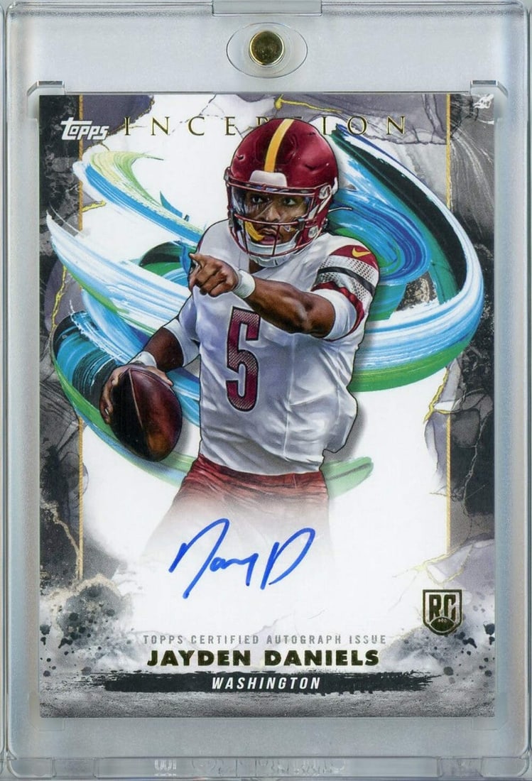 2024 Topps Inception Jayden Daniels Rookie Auto Commanders Card: 2024 Topps Inception Jayden Daniels Rookie Auto Commanders Card This is a 2024 Topps Inception Jayden Daniels #RA-JD Auto Commanders Rookie RC Card, featuring an authentic autograph of the player Jayd