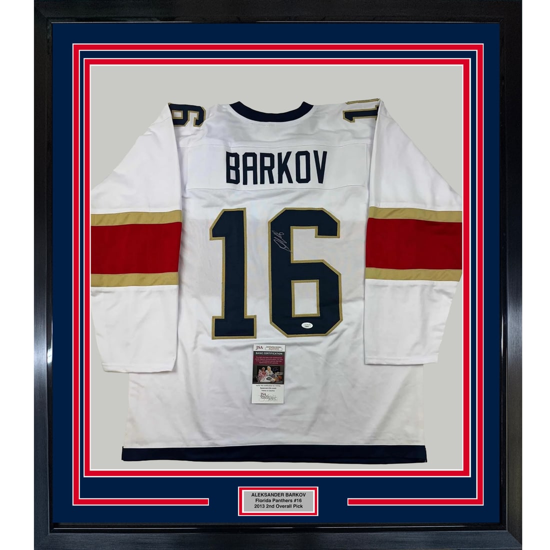 Framed Aleksander Barkov Autographed Jersey Florida Panthers JSA COA: Framed Aleksander Barkov Autographed Jersey Florida Panthers JSA COA Showcase your passion for hockey with this stunning framed autographed Aleksander Barkov Florida Panthers white jersey. Measuring 3