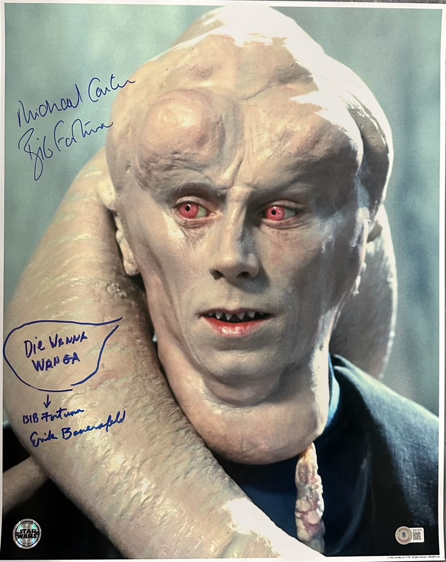 Star Wars Bib Fortuna 16x20 Photo Signed by Carter and Bauersfeld Beckett Authenticated: Star Wars Bib Fortuna 16x20 Photo Signed by Carter and Bauersfeld Beckett Authenticated This 16x20 color photograph from Star Wars: Return of the Jedi features Bib Fortuna and is signed in blue perman