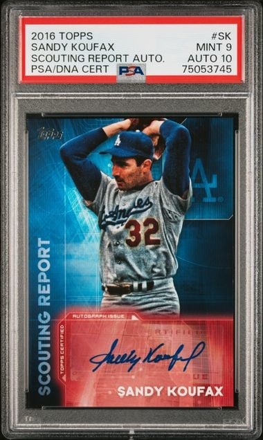 Sandy Koufax 2016 Topps Scouting Report PSA 10 Auto Dodgers Card: Sandy Koufax 2016 Topps Scouting Report PSA 10 Auto Dodgers Card This 2016 Topps Scouting Report card features baseball legend Sandy Koufax, a celebrated player for the Los Angeles Dodgers. Graded by 