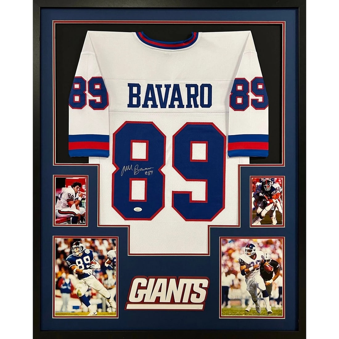 Framed New York Giants White Jersey Signed by Mark Bavaro with JSA Authentication: Framed New York Giants White Jersey Signed by Mark Bavaro with JSA Authentication This framed New York Giants white jersey is hand signed by Mark Bavaro and authenticated by JSA. The display features 