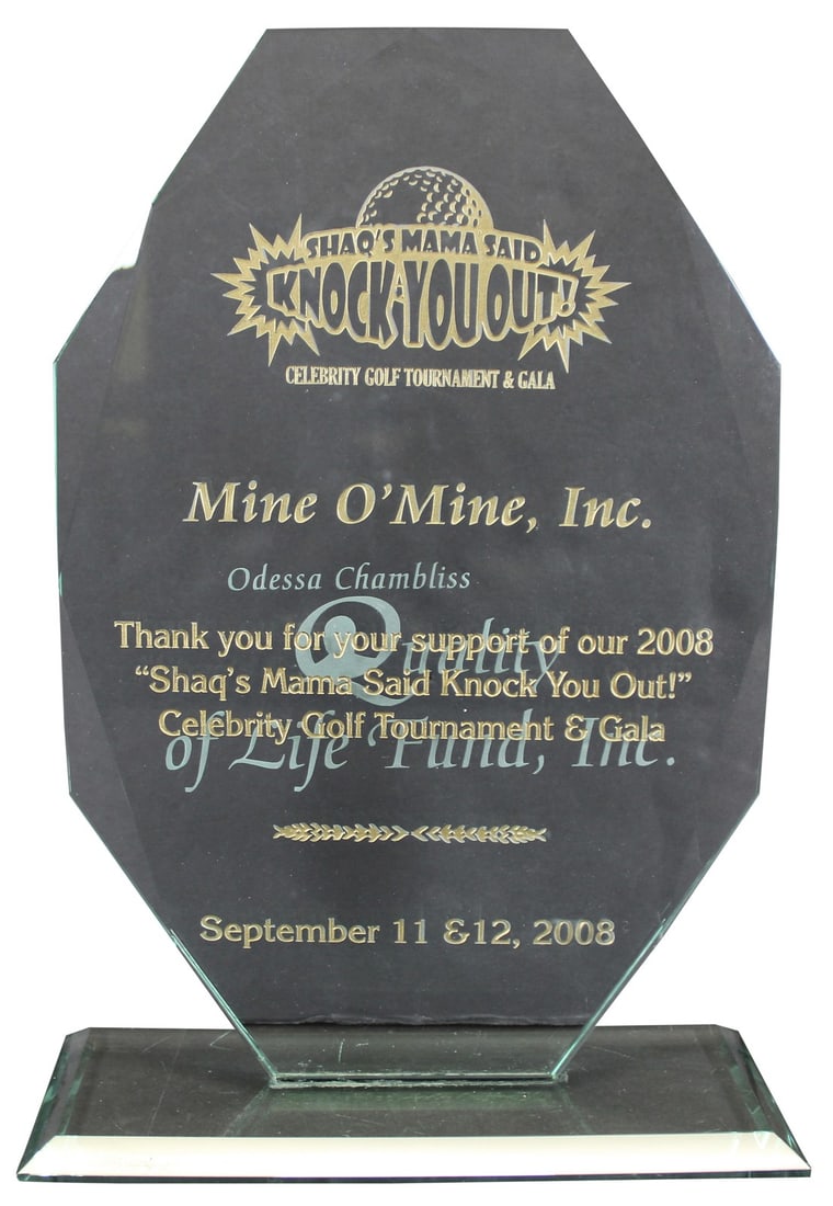2008 Celebrity Golf Trophy Owned by Shaquille O'Neal Los Angeles Lakers: 2008 Celebrity Golf Trophy Owned by Shaquille O'Neal Los Angeles Lakers This is a 14-inch clear glass trophy from the 2008 Shaq's Mama Said Knock You Out! Celebrity Golf Tournament & Gala, personally 