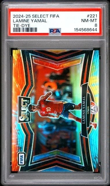 PSA 8 Lamine Yamal 2024 Panini Select FIFA Tie Dye #221 /25 Card: PSA 8 Lamine Yamal 2024 Panini Select FIFA Tie Dye #221 /25 Card Graded 2024 Panini Select FIFA Lamine Yamal #221 Tie Dye soccer card, serial-numbered /25 and encapsulated by PSA. This pre-owned sport
