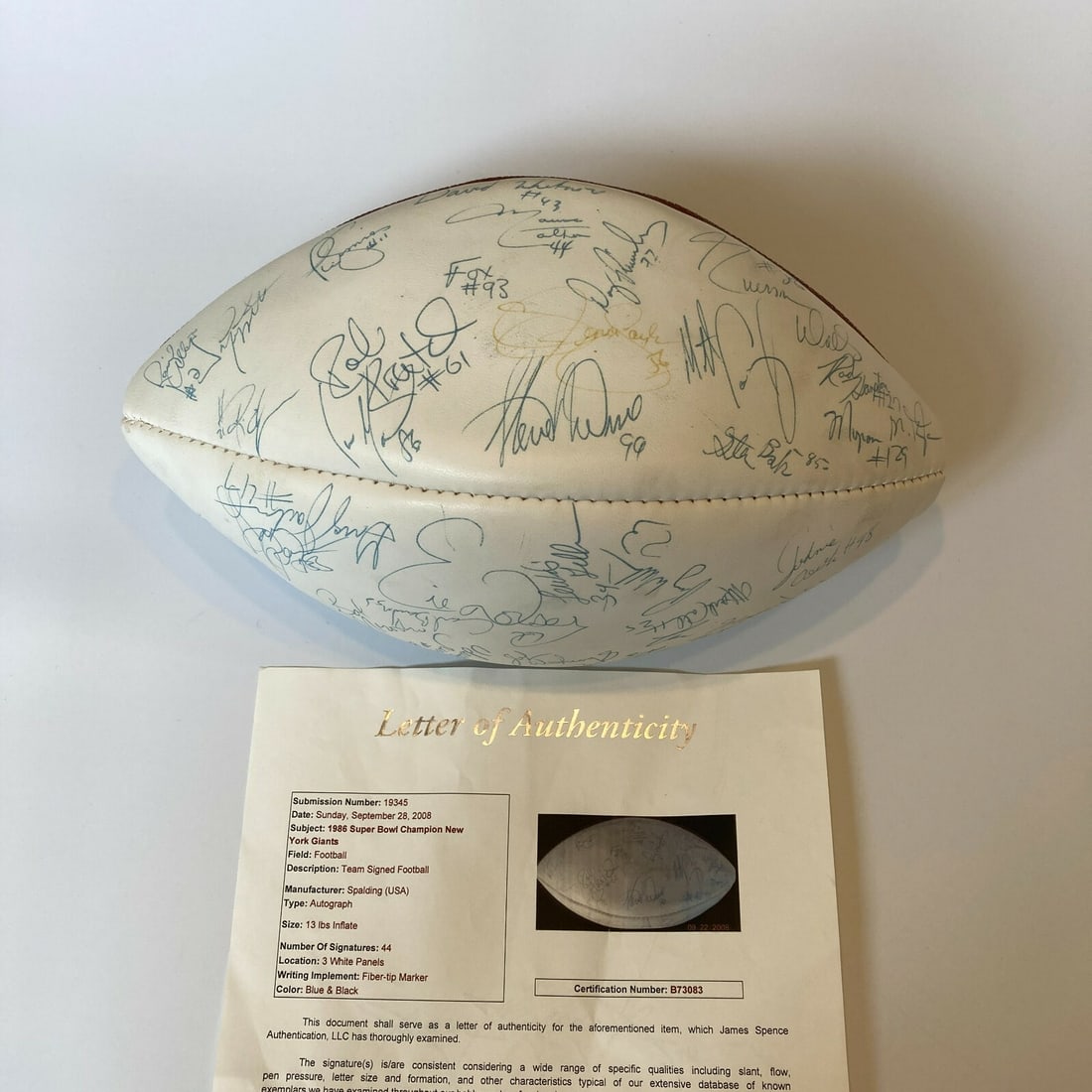 1986 New York Giants Signed Football with JSA COA: 1986 New York Giants Signed Football with JSA COA Celebrate the legacy of the 1986 New York Giants with this vintage Spalding white-panel football, autographed by forty-four members of the Super Bowl 