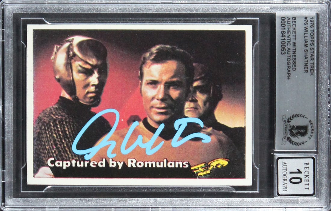 William Shatner Autographed 1976 Topps Star Trek 76 Trading Card Gem Mint 10 Beckett: William Shatner Autographed 1976 Topps Star Trek 76 Trading Card Gem Mint 10 Beckett This is an original 1976 Topps Star Trek #76 trading card that has been personally signed by William Shatner. The a