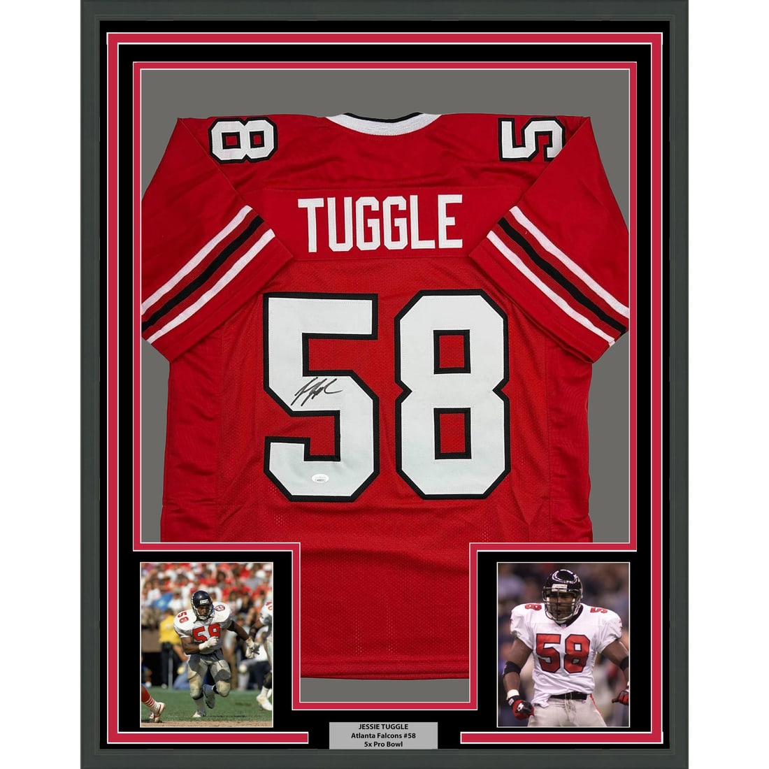 Jessie Tuggle Signed Atlanta Jersey 35x39 Framed Display JSA Authenticated: Jessie Tuggle Signed Atlanta Jersey 35x39 Framed Display JSA Authenticated This professionally framed and matted Atlanta Falcons red jersey is autographed by Jessie Tuggle. The display includes two 5x