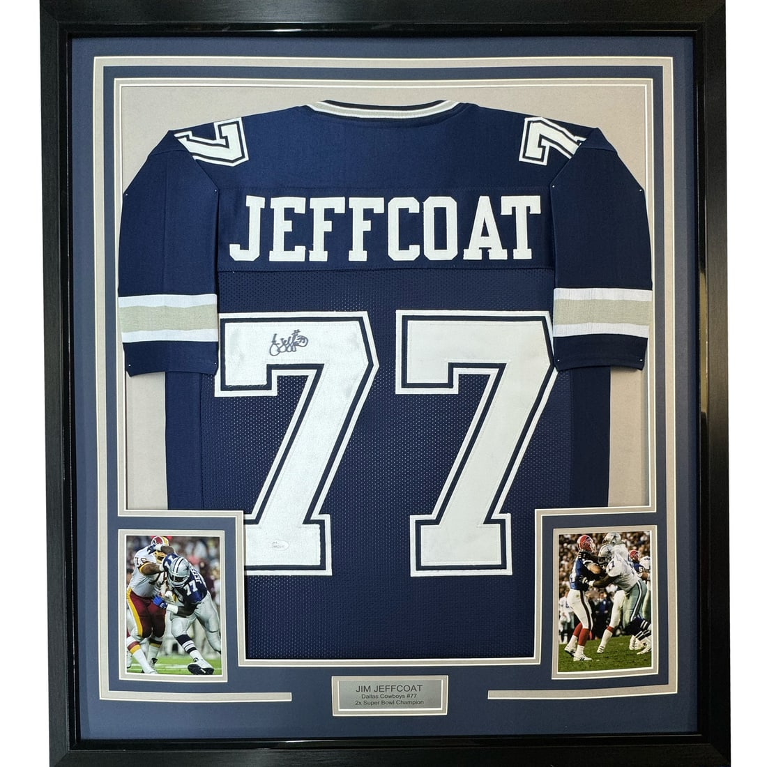 Framed Autographed Jim Jeffcoat Dallas Cowboys Jersey with JSA COA: Framed Autographed Jim Jeffcoat Dallas Cowboys Jersey with JSA COA This professionally framed and matted autographed jersey features Jim Jeffcoat, a distinguished player from the Dallas Cowboys, and m