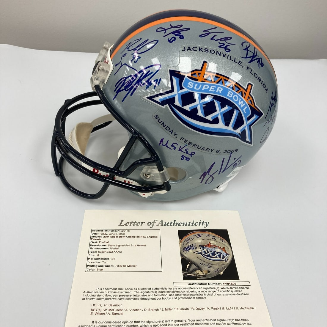 Team Autographed 2004 Patriots Super Bowl Helmet with JSA Full Letter COA (1 of 11)