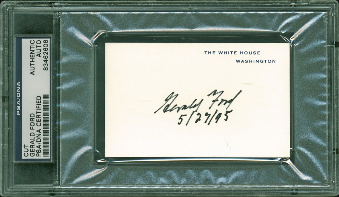 PSA DNA Slabbed Gerald R Ford Signed White House Card 2.5x4: PSA DNA Slabbed Gerald R Ford Signed White House Card 2.5x4 Authentic autographed 2.5 x 4 White House card personally signed by Gerald R. Ford with the inscription "5/27/95." The item is slabbed and a