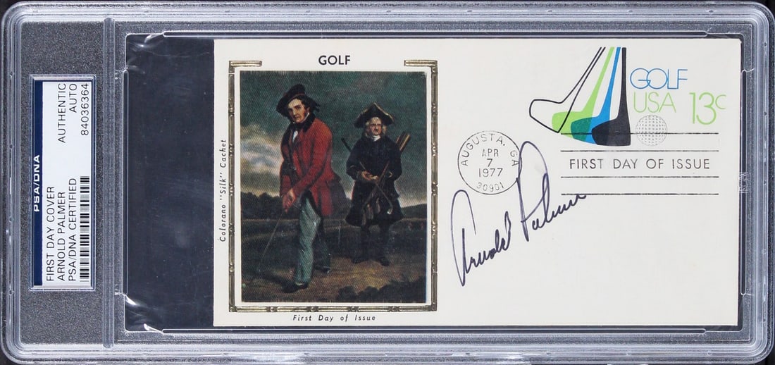 Arnold Palmer Autographed 3.5x6.5 1977 First Day Cover PSA DNA Authenticated: Arnold Palmer Autographed 3.5x6.5 1977 First Day Cover PSA DNA Authenticated This 3.5x6.5-inch First Day Cover envelope, postmarked April 7, 1977, has been personally signed by Arnold Palmer. The auto