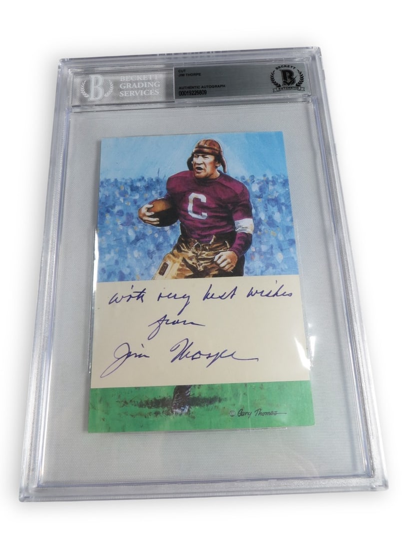 Jim Thorpe Hand Signed Cut With Postcard Beckett Authenticated: Jim Thorpe Hand Signed Cut With Postcard Beckett Authenticated This collectible features an original cut signature autographed by Jim Thorpe, accompanied by a postcard. The item is authenticated by Be