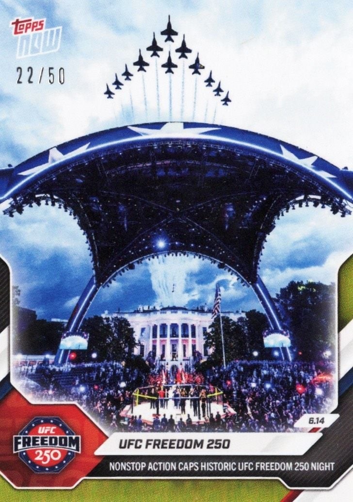 Topps Now UFC Freedom 250 Card #24 Gold Foil /50: Topps Now UFC Freedom 250 Card #24 Gold Foil /50 Pre-owned 2026 Topps Now UFC 250 #24 sports trading card featuring the Gold Foil parallel, numbered /50. This UFC card is part of the Topps Now set and