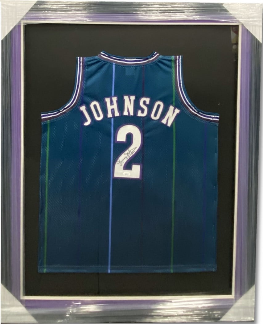 Larry Johnson Autographed Custom Framed Jersey Hornets JSA Certified 35x42: Larry Johnson Autographed Custom Framed Jersey Hornets JSA Certified 35x42 This is an original, custom-framed jersey signed by NBA star Larry Johnson, featuring the iconic colors of the Charlotte Horn